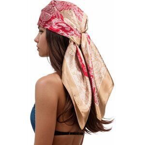 Women's Pink/White Head Scarf Like Silk Printed Square Hair Bandanas 35 Inches